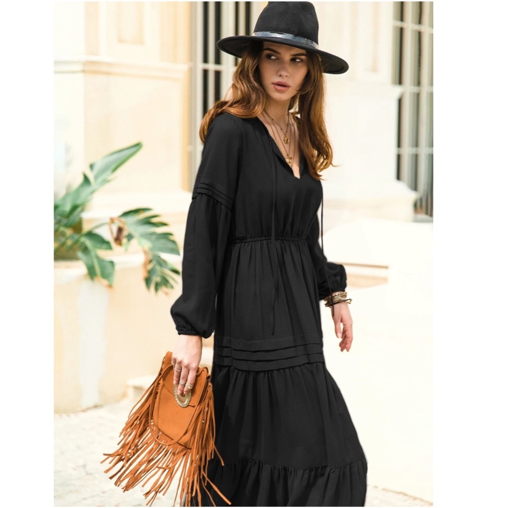 Black Bohemian Maxi Dress Chiffon Neck Ties Long Sleeve Ruffle Hem Flowy - Picture 6 of 10